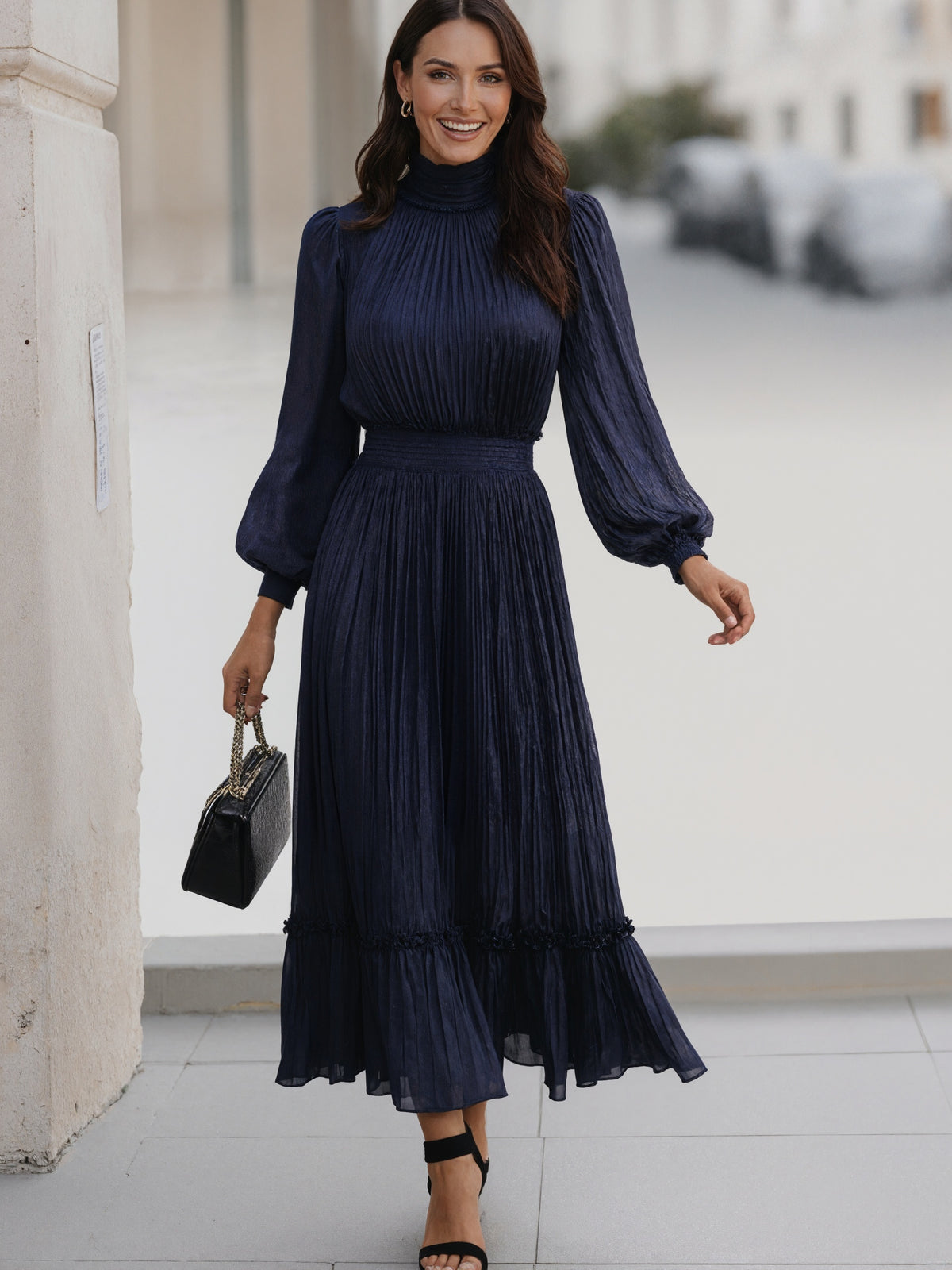 Navy Blue Chiffon Long Sleeves Maxi Dress