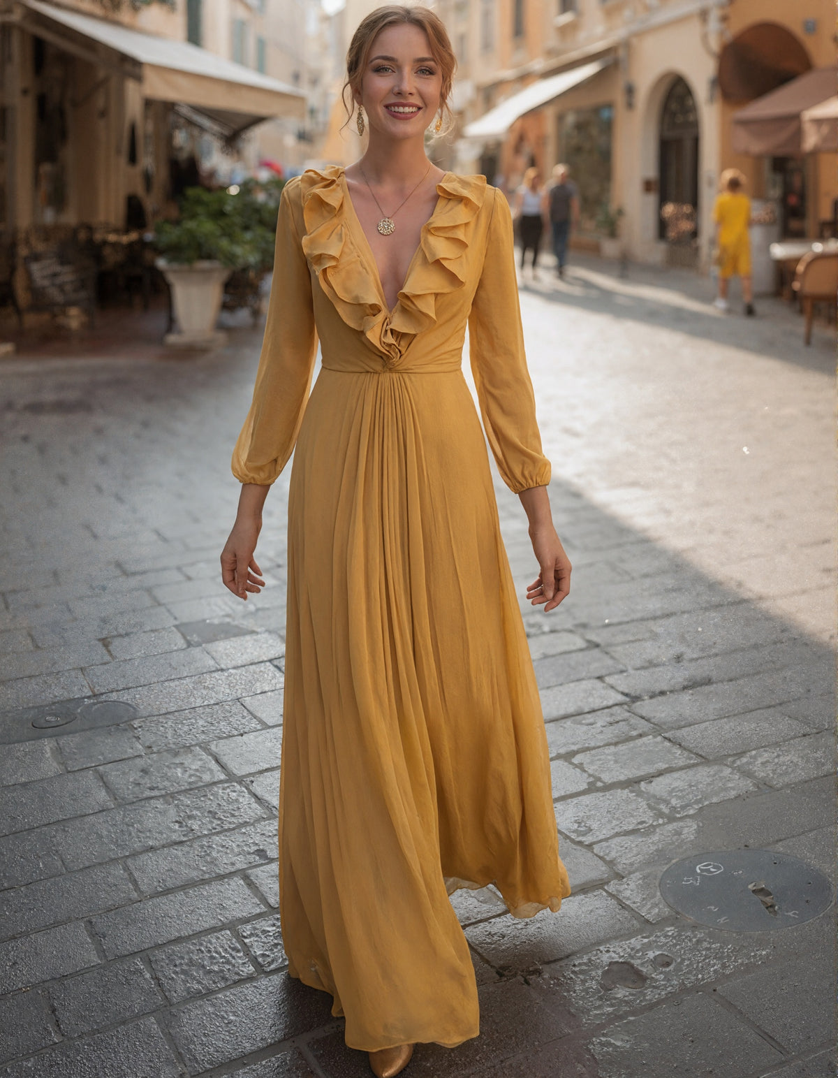 Yellow Ruffled Long Sleeved Chiffon Maxi Dress