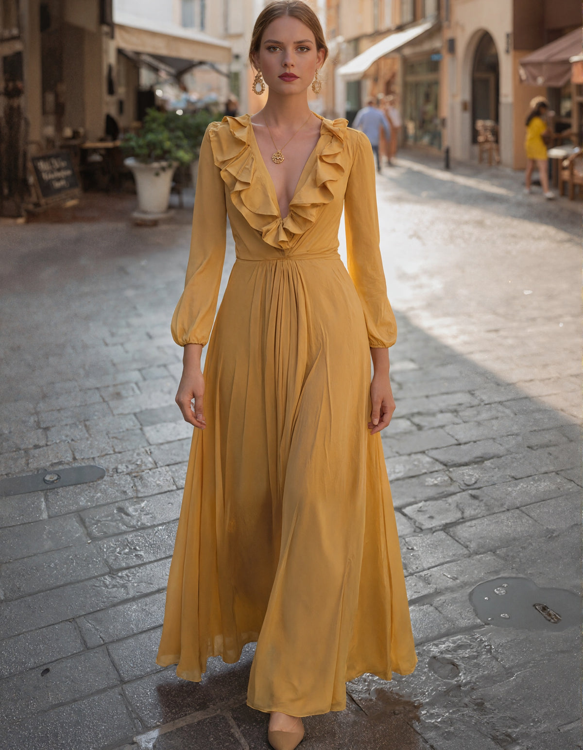 Yellow Ruffled Long Sleeved Chiffon Maxi Dress