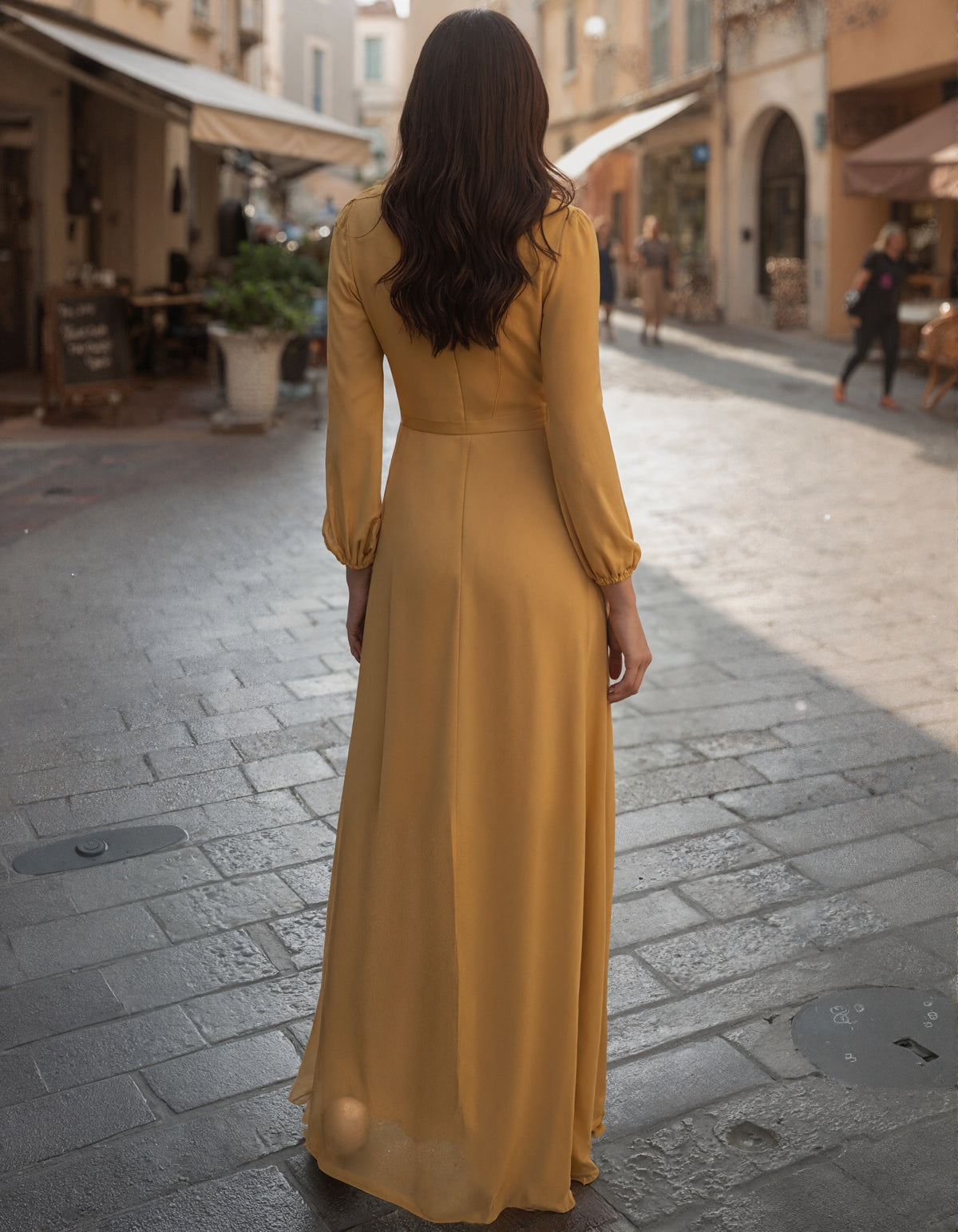 Yellow Ruffled Long Sleeved Chiffon Maxi Dress