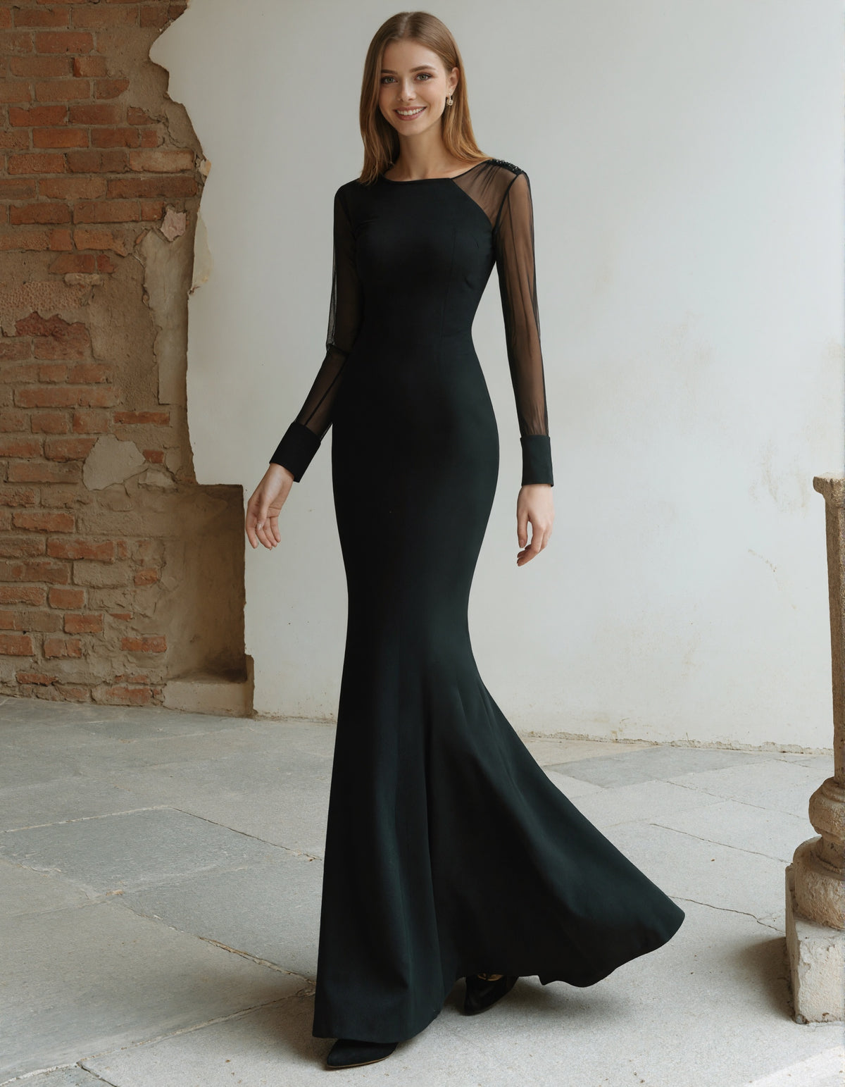 Black Mesh Panel Long Sleeves Maxi Dress