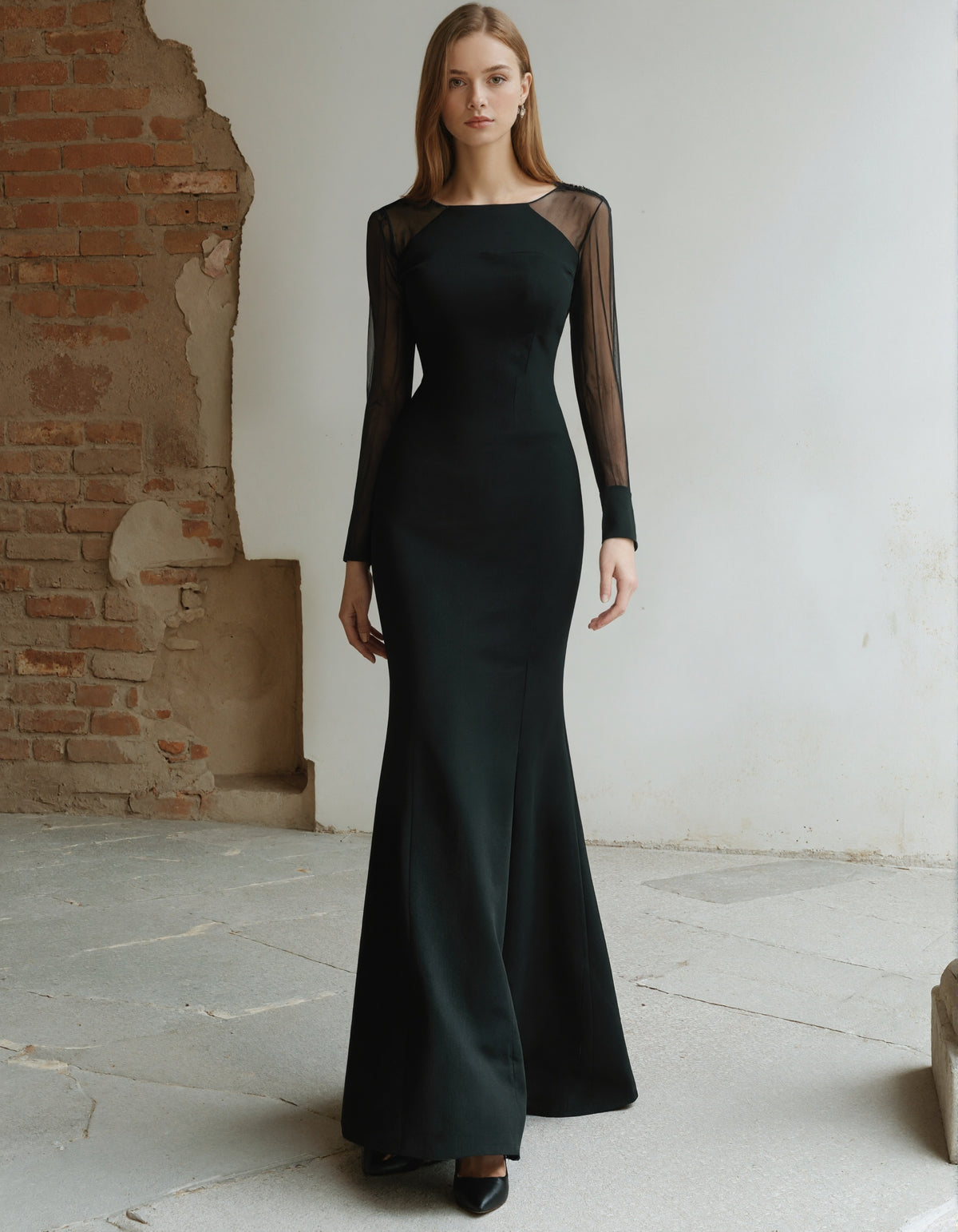 Black Mesh Panel Long Sleeves Maxi Dress