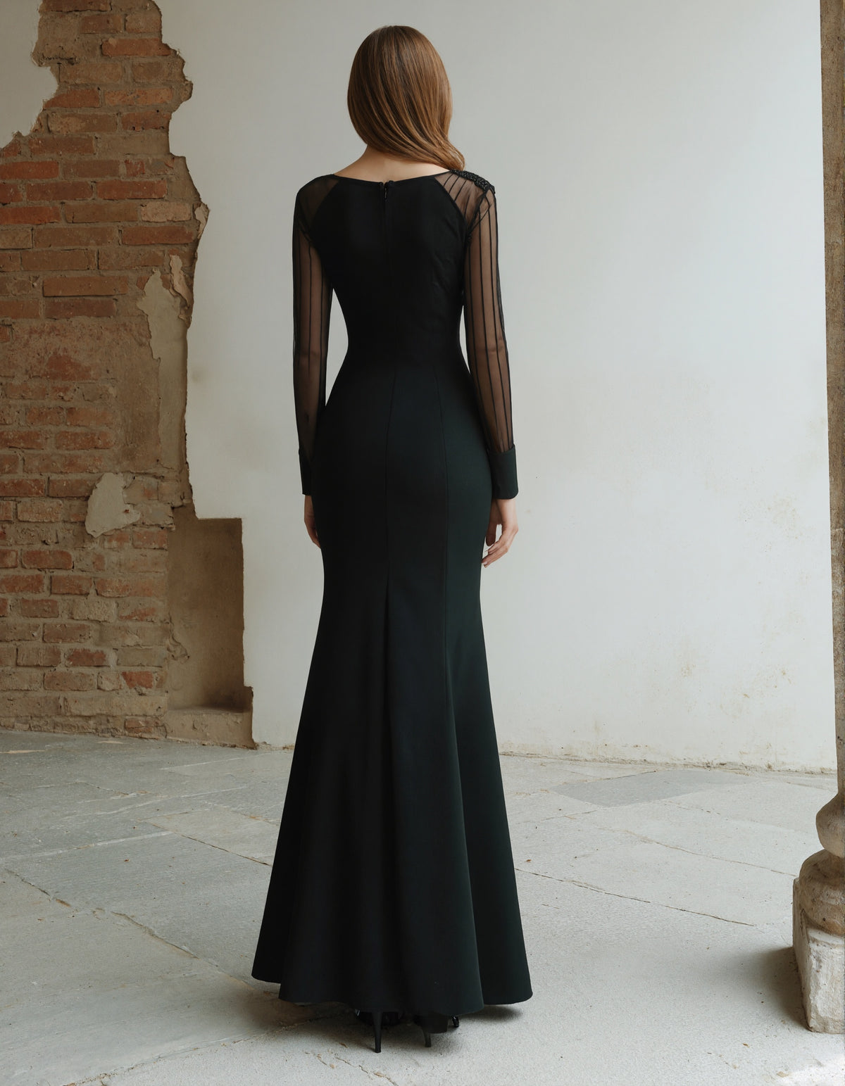 Black Mesh Panel Long Sleeves Maxi Dress
