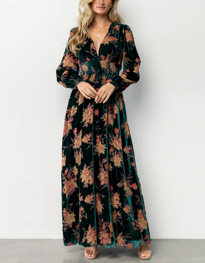 Dark Green Velvet Embossed Long Sleeves Maxi Dress