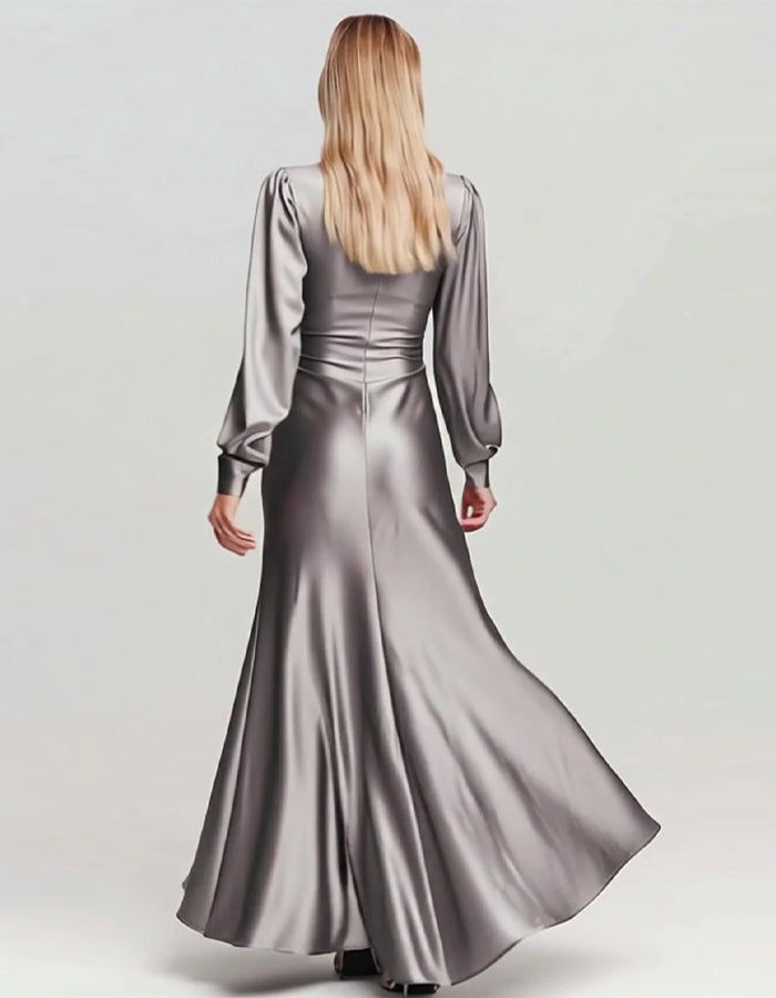 Grey Pleated Satin V-neck Long Sleeves Maxi Dress