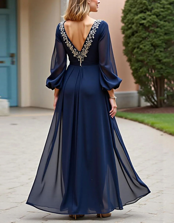 Dark Blue Long-sleeved Chiffon Slit Maxi Dress