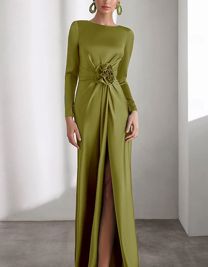 A-line Long-sleeved Shirt Collar With Elastic Satin Shoulder Flowers Maxi Dress