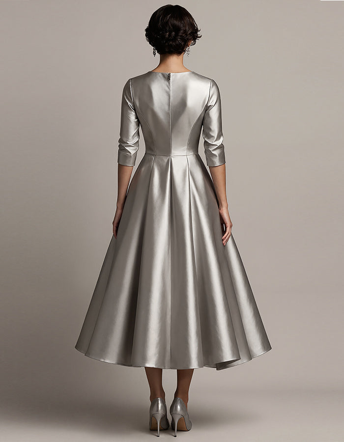 Silver V-neck Satin Midi Dress