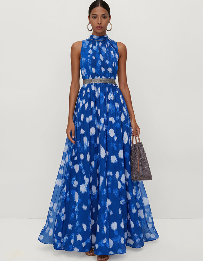 Blue Sleeveless Chiffon Print Maxi Dress
