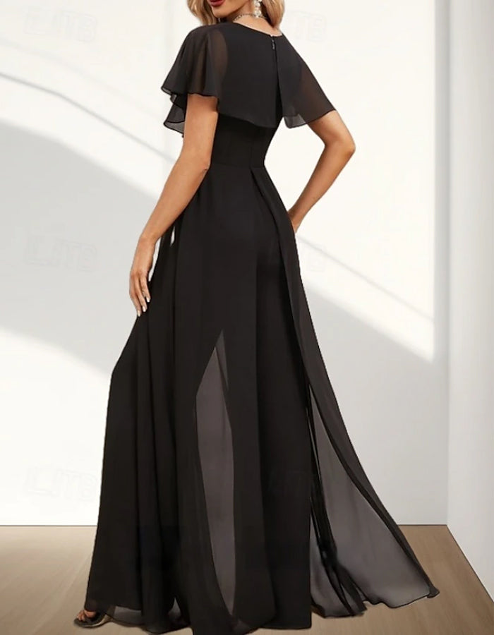 V-neck Chiffon Short-sleeved Ruffled Jumpsuit