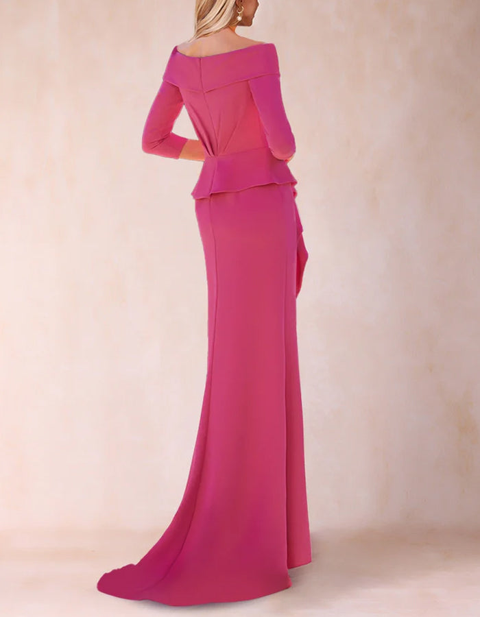 Rose Red With Ruffled Side Slits Maxi Dress
