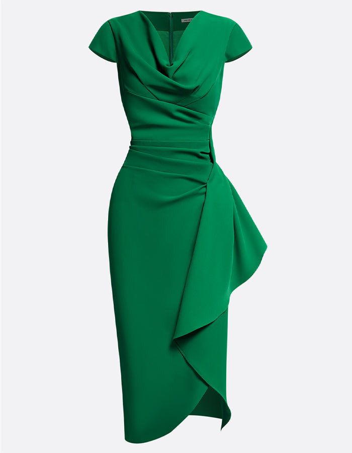 Solid Pleated Cap Sleeve Midi Dress