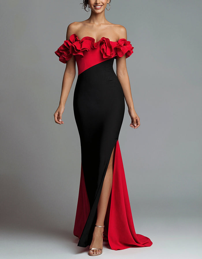Black And Red Ruffled Off The Shoulder Slit Maxi Dress