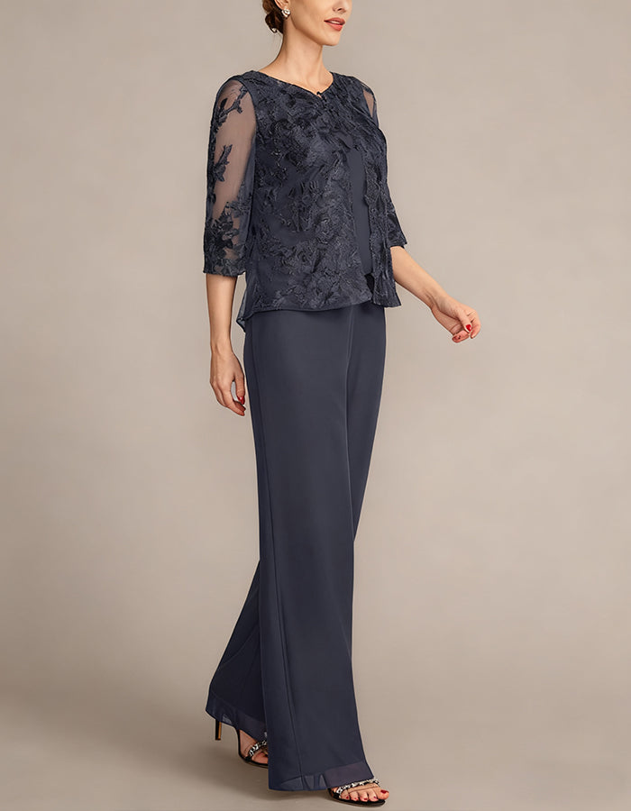 Gray Lace Chiffon 2-Piece Suit