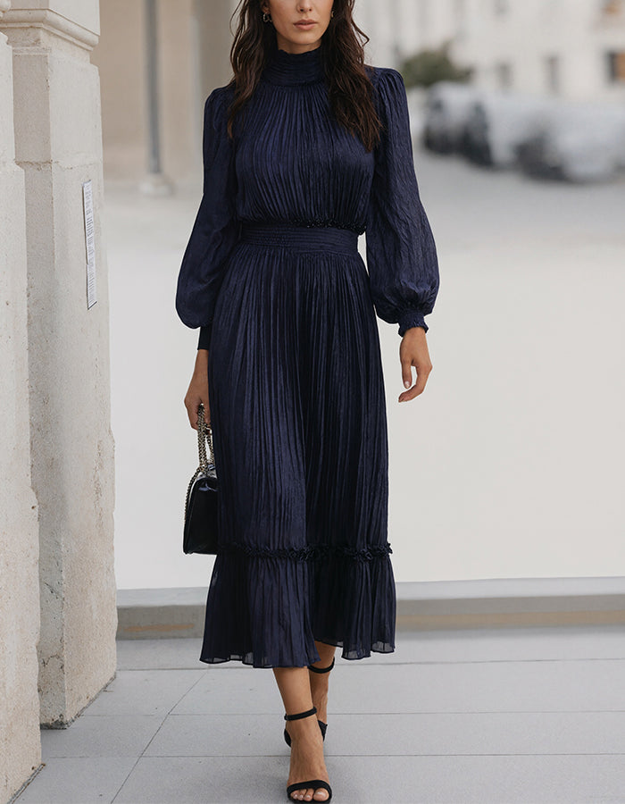 Navy Blue Chiffon Long Sleeves Maxi Dress