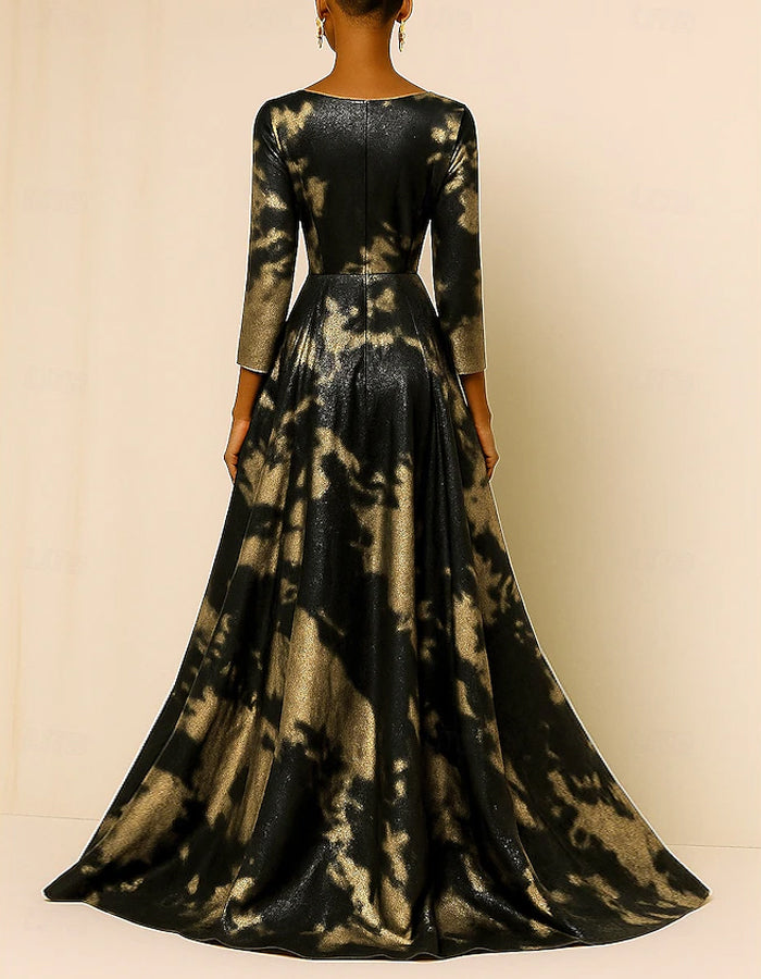 Black And Gold A-line V-neck Floral Print Maxi Dress