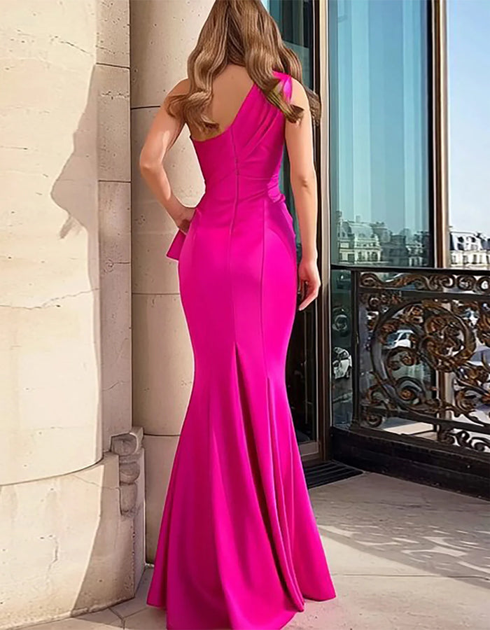 Rose Pink Satin One Shoulder Slit Dress Maxi Dress