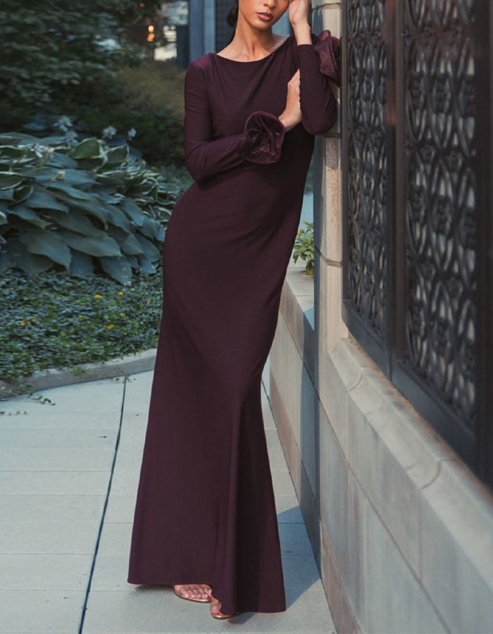 Brown Rose Cuffs Long Sleeves Tights Maxi Dress