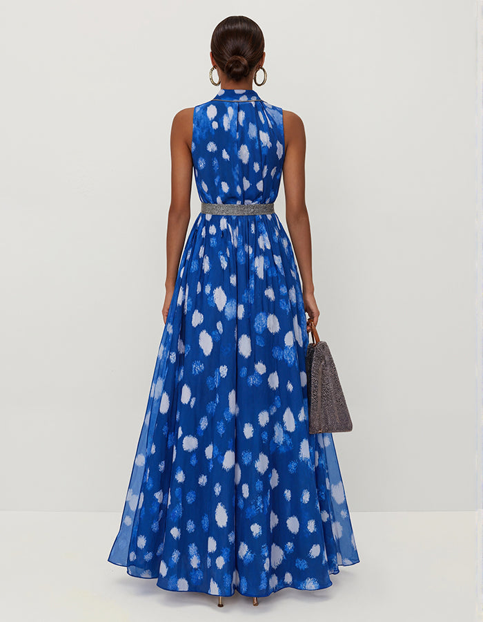 Blue Sleeveless Chiffon Print Maxi Dress