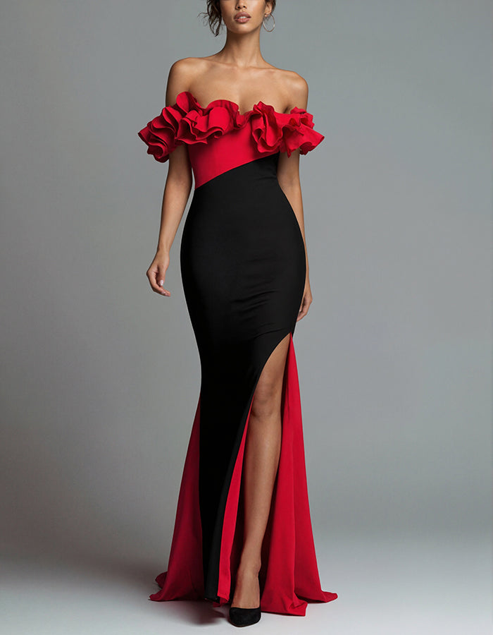 Black And Red Ruffled Off The Shoulder Slit Maxi Dress