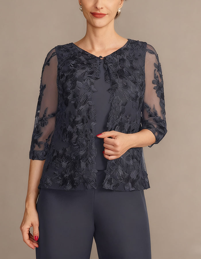 Gray Lace Chiffon 2-Piece Suit