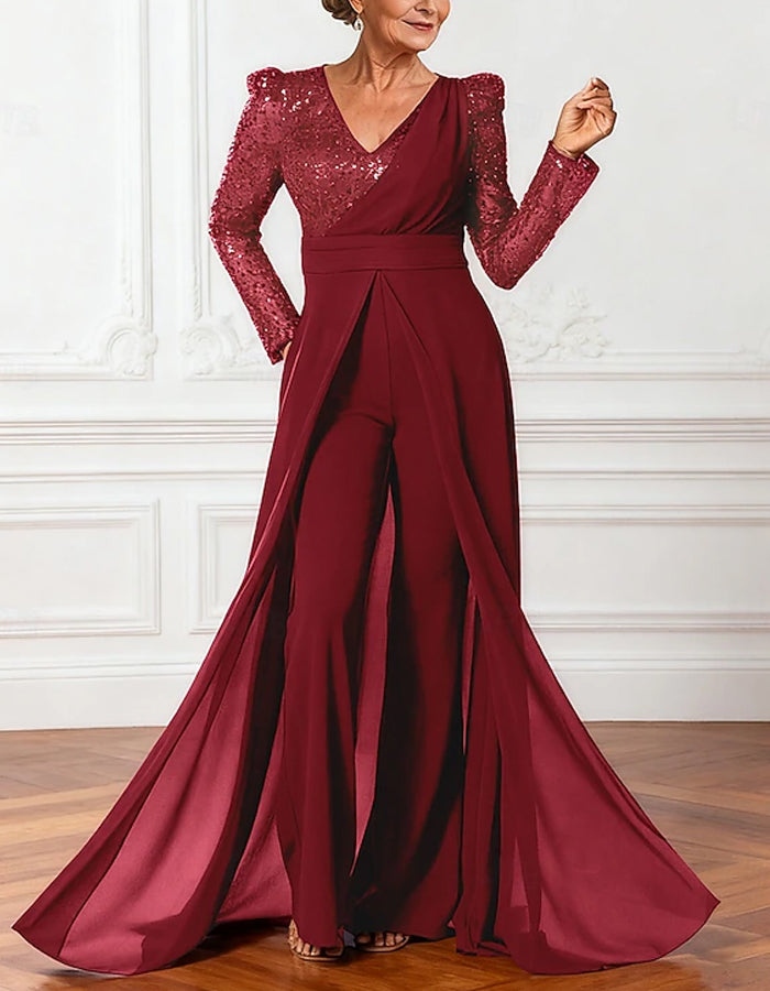 Sequined Chiffon Long Sleeved Jumpsuit For Bride And Mother