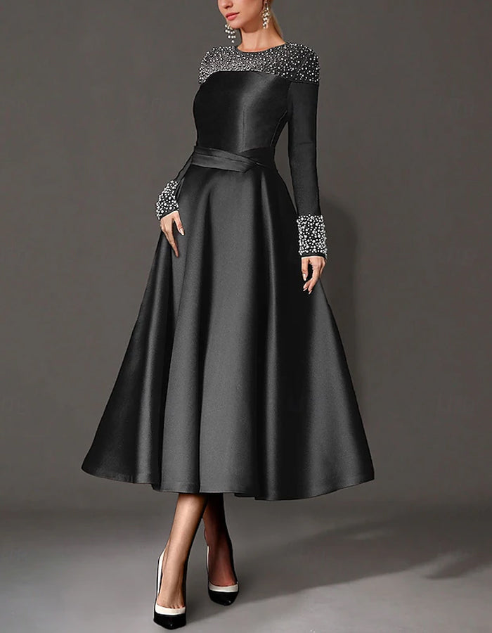 Round Neck Satin Pearl Midi Dress