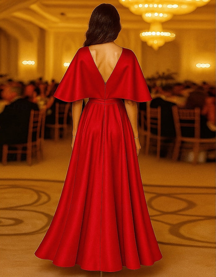 Solid Color Short Sleeved V-neck Satin Maxi Dress