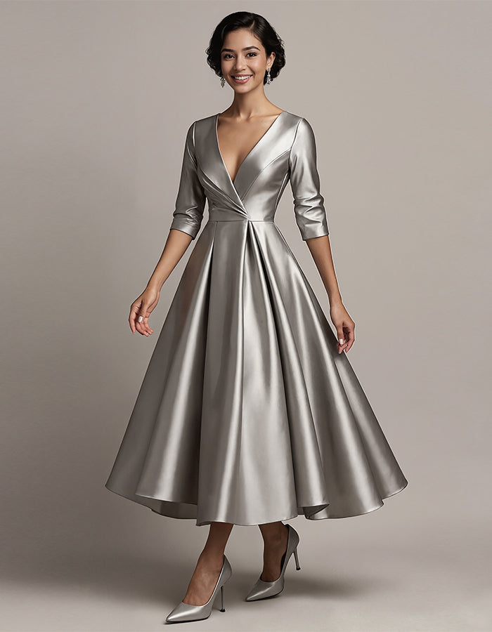 Silver V-neck Satin Midi Dress