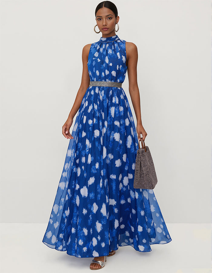 Blue Sleeveless Chiffon Print Maxi Dress