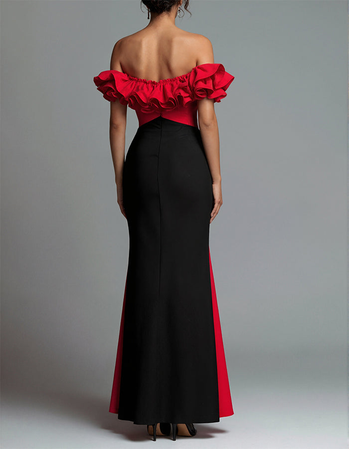 Black And Red Ruffled Off The Shoulder Slit Maxi Dress