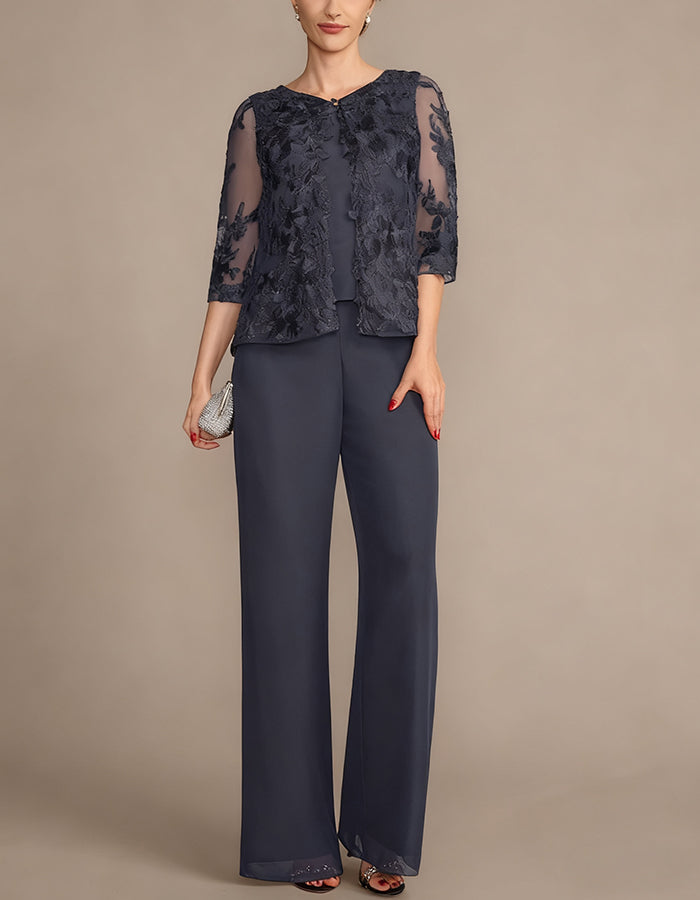 Gray Lace Chiffon 2-Piece Suit
