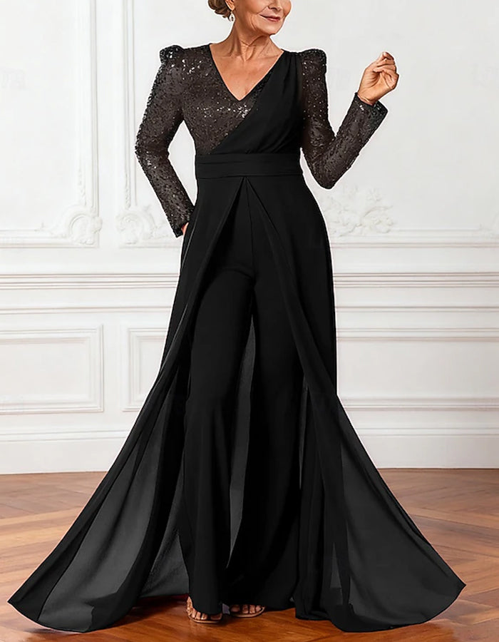 Sequined Chiffon Long Sleeved Jumpsuit For Bride And Mother