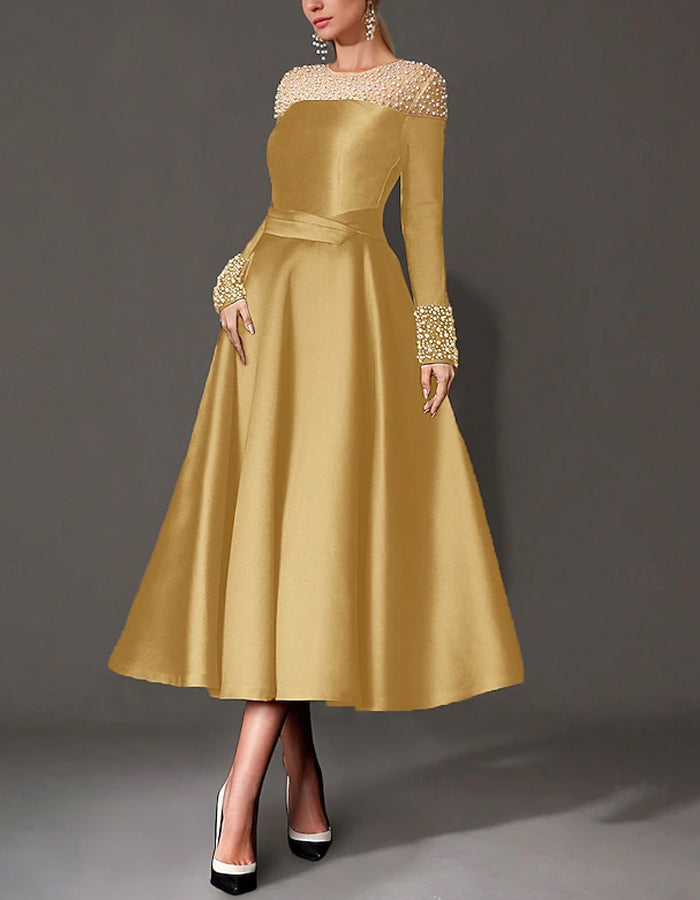 Round Neck Satin Pearl Midi Dress