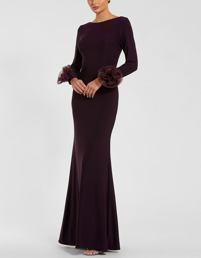 Brown Rose Cuffs Long Sleeves Tights Maxi Dress