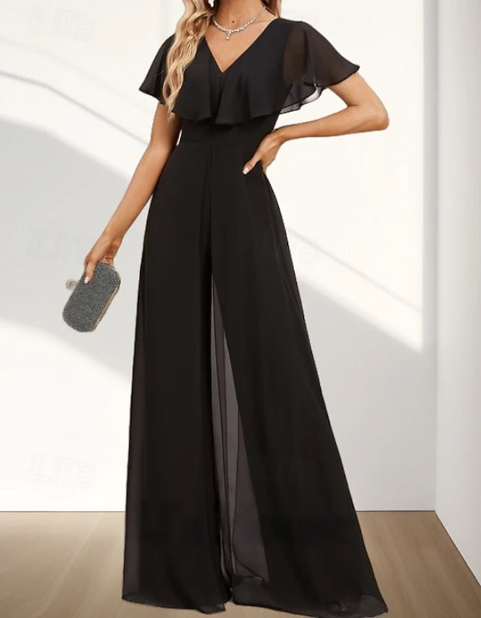 V-neck Chiffon Short-sleeved Ruffled Jumpsuit