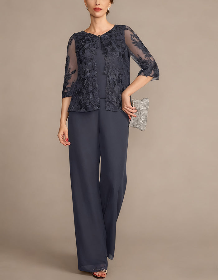 Gray Lace Chiffon 2-Piece Suit