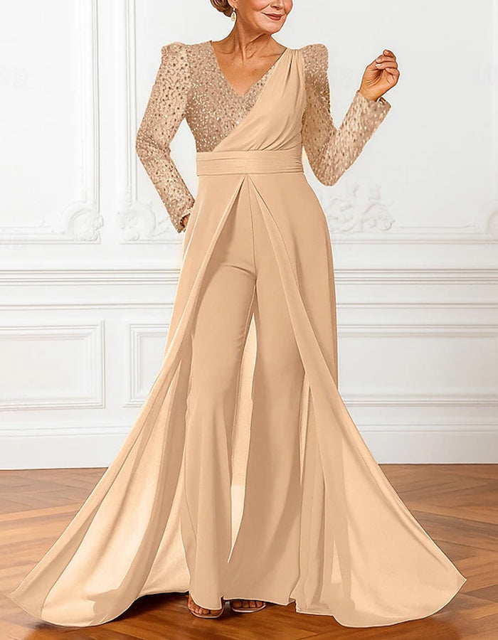 Sequined Chiffon Long Sleeved Jumpsuit For Bride And Mother