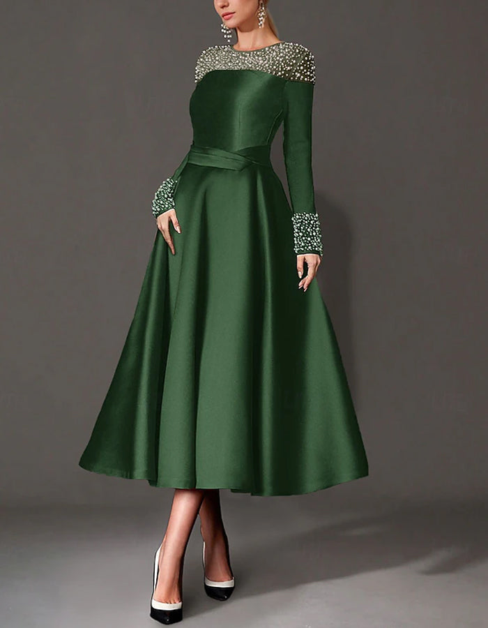 Round Neck Satin Pearl Midi Dress