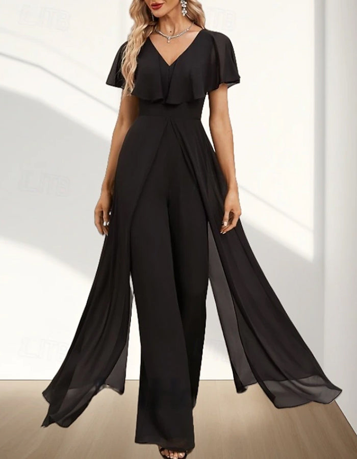 V-neck Chiffon Short-sleeved Ruffled Jumpsuit