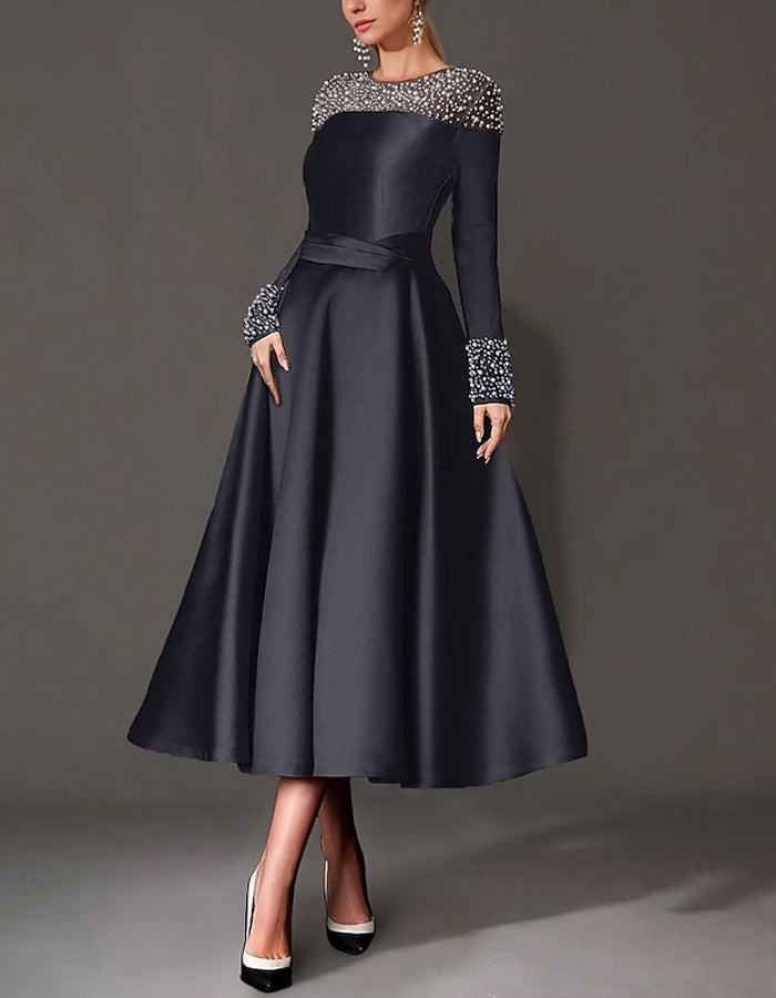 Round Neck Satin Pearl Midi Dress