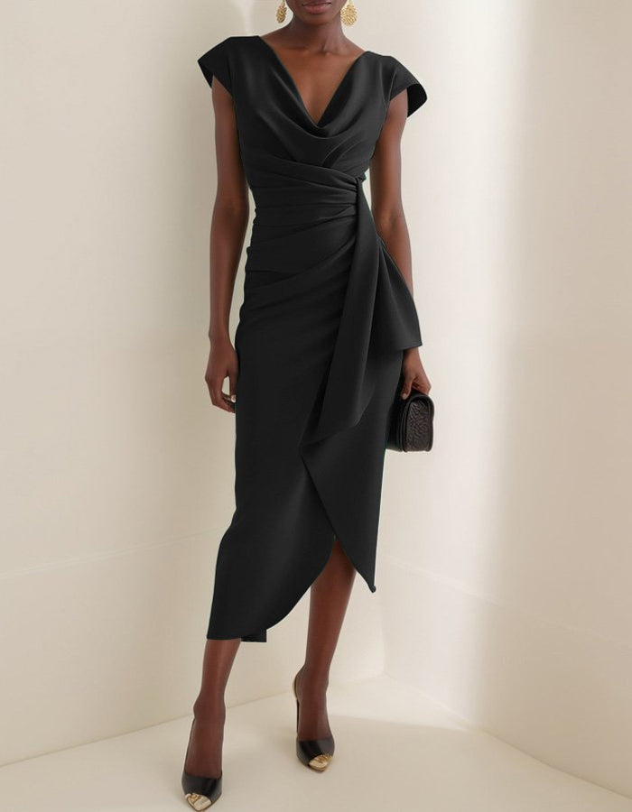 Solid Pleated Cap Sleeve Midi Dress