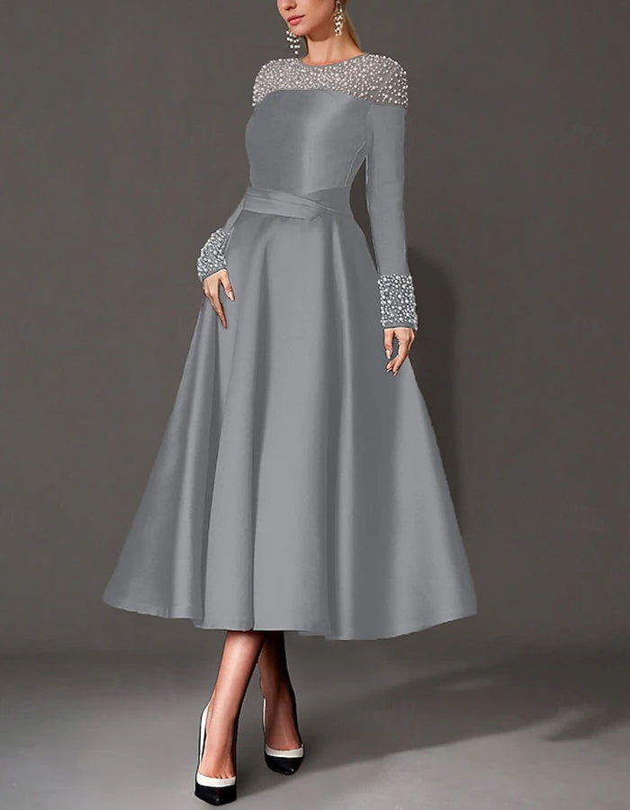 Round Neck Satin Pearl Midi Dress