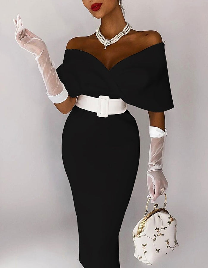 Sleeveless Off The Shoulder Stretch Fabric Midi Dress