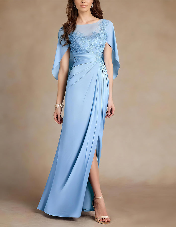 Elegant Eucalyptus Green Cape Sleeve Evening Dress with Lace Details