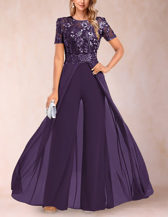 A-line Round Neck Short-sleeved Lace Jumpsuit