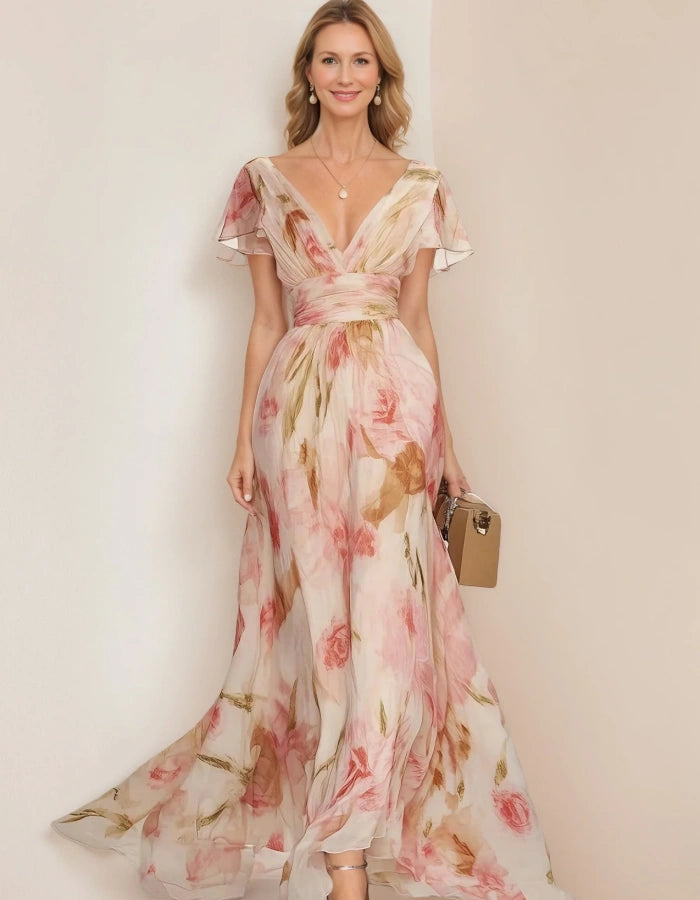 Romantic Pink Chiffon Gown with Watercolor Floral Print and Flutter Sleeves