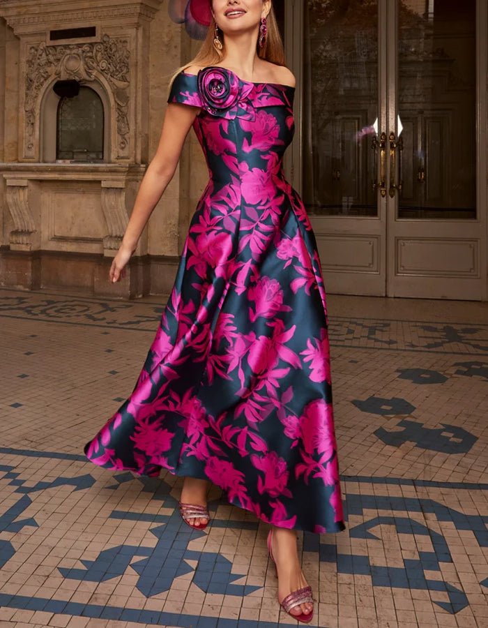 Rose Red Wedding Evening Party Satin Printed Midi Dress