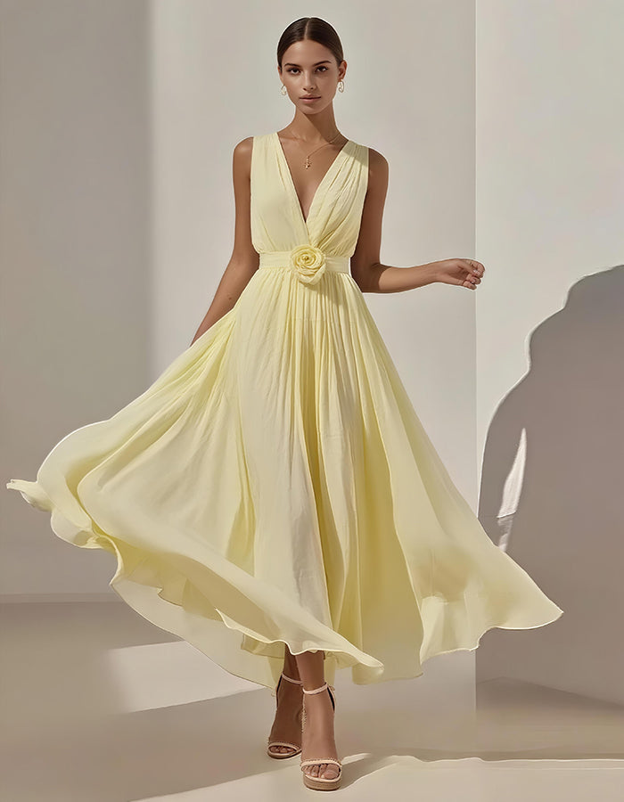 Vestido Midi Romántico de Gasa Plisada con Cintura Floral
