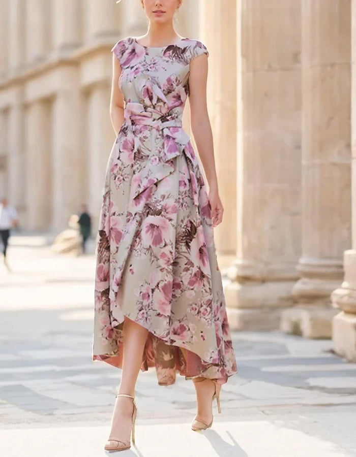 Elegant Taupe Satin High-Low Dress with Cap Sleeves and Waist Bow